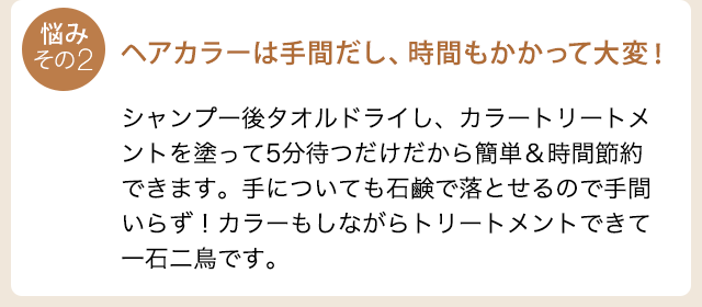 悩み２：ヘアカラーは手間だし、時間もかかって大変！