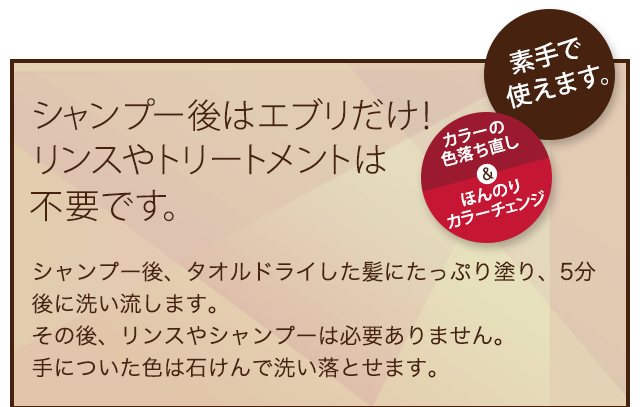 シャンプー後はエブリだけ！リンスやトリートメントは不要です。