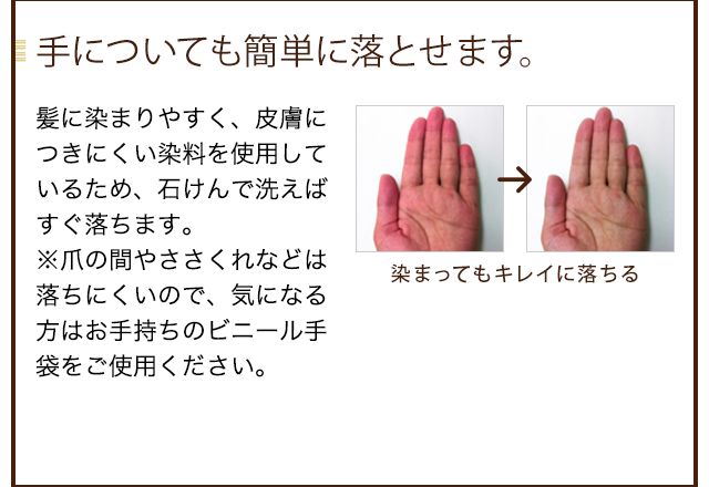 髪に染まりやすく、皮膚につきにくい染料を使用しているため、石けんで洗えばすぐ落ちます。